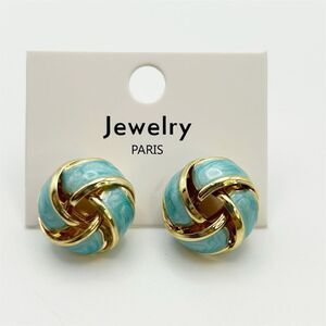 Bold 3D Blue Turquoise Enamel and Gold Tone Layered Ribbon Dome Stud Earrings